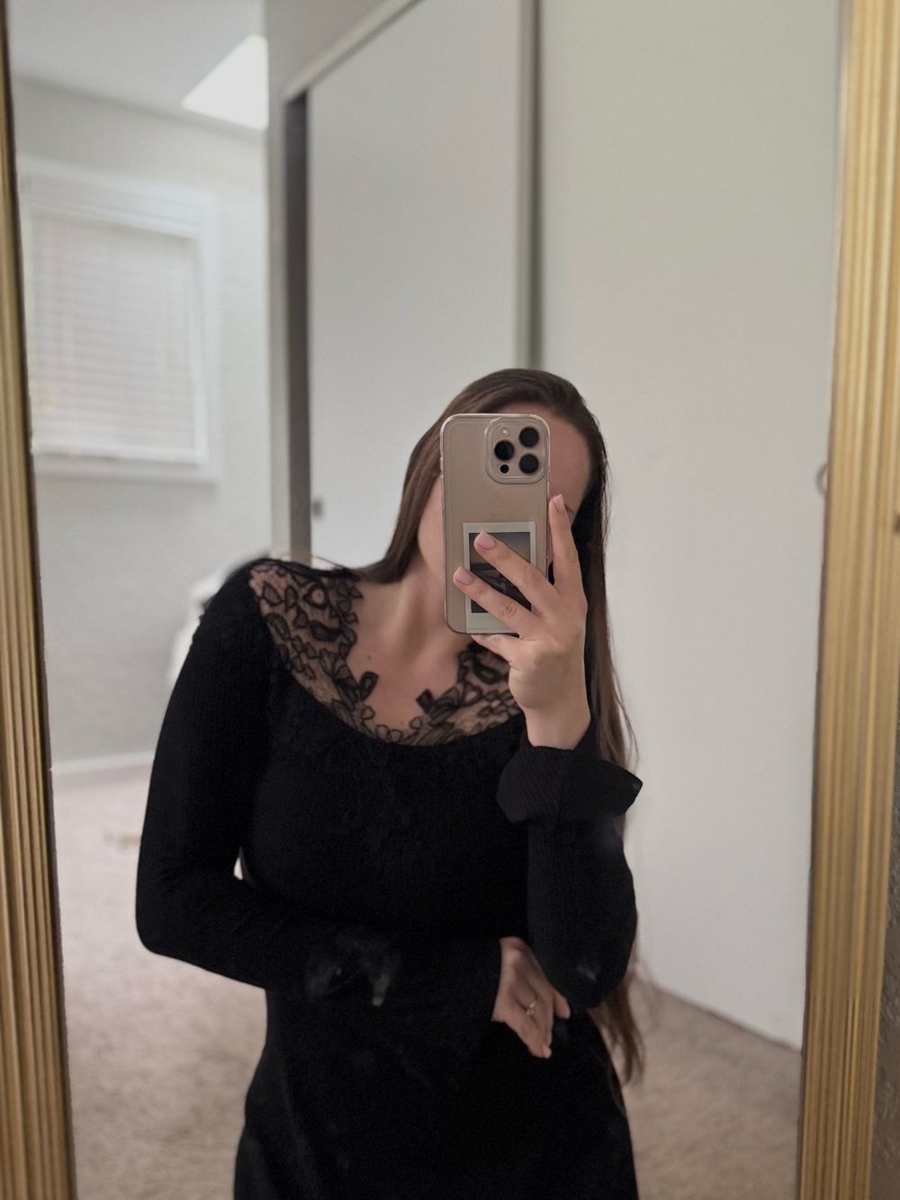 Black Lace Yoke Long Sleeve Dress